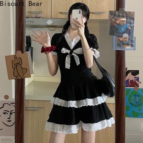 Lace Ruffle Skirts Girls Sexy Two Piece Outfits Women Summer 2021 New Cute Bow Black Top Sweet High Waist Short Sets Suit Female