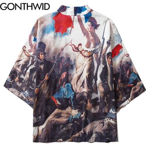 GONTHWID Eugene Delacroix The Liberty Leading The People Print Kimono Cardigan Jackets Shirts Streetwear Hip Hop Open Front Coat
