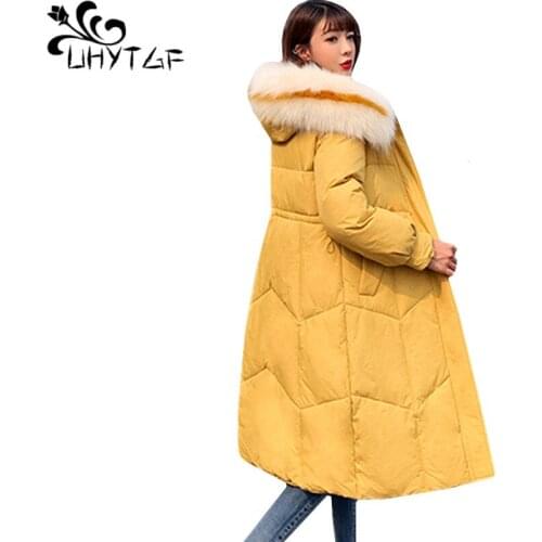 UHYTGF Women down jacket winter jacket women Big fur collar hooded casual warm female coats Thick 3XL plus size parkas mujer 297