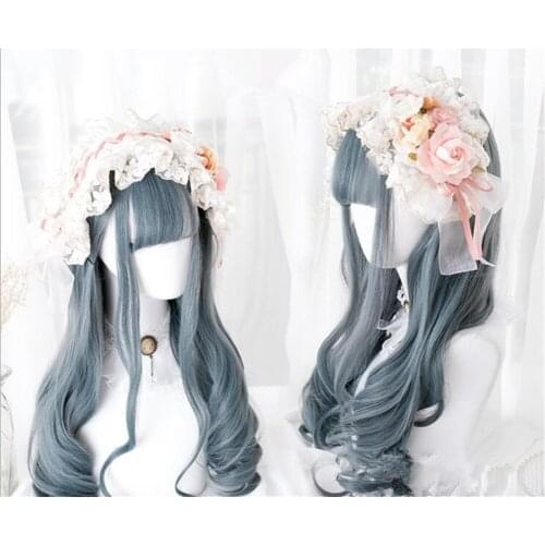 Lolita 63CM Long Wavy Blue Grey Ombre Bangs Layered Cute Women Cosplay Wig D138