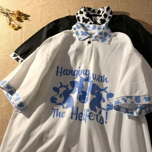 Cute cow print short-sleeved polo shirt Korean loose casual sweet top summer womens y2k Harajuku ulzzang kawaii polo shirt