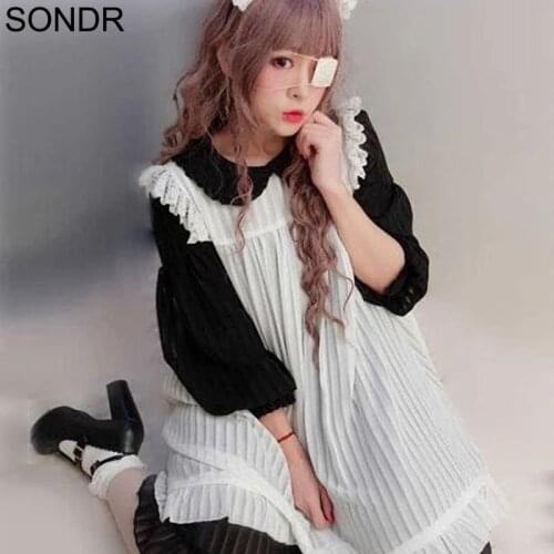 Kawaii Girls Pink Lolita Dress Sweet Cute Princess Ruffles Long Sleeve 2 Pieces Dresses Puff Sleeve Black O-Collar Women Dress