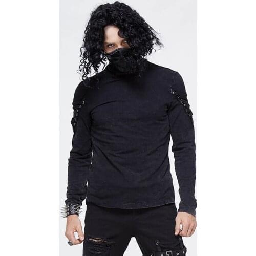 Devil Fashion Steampunk High Collar Black Top with Rope Gothic Mens Shirts Long Sleeve Casual
