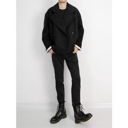 Mens autumn/winter new black woolen jacket short style classic simple Yamamoto thick warm loose double-breasted wool coat