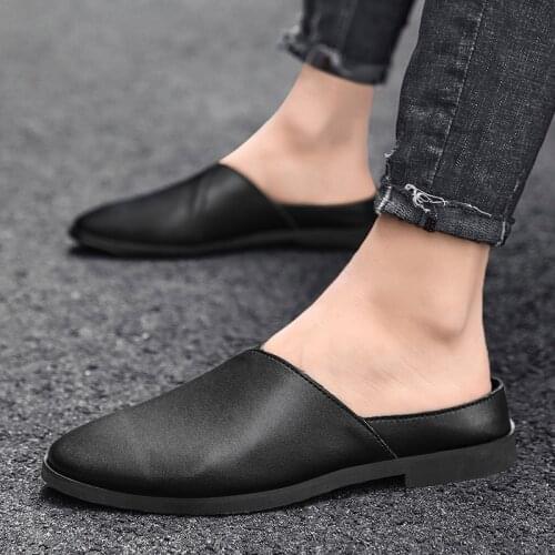 Man Mules Shoes Genuine Leather Mens Slippers Slip on Flats Casual Shoes Summer Breathable Black White Brown