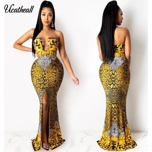 Chain Lace Up Sleeveless Midi Bandage Dress 2021 New Women Sexy Bodycon Print High Slit Dress Wrap Chwest Club Party Dresses