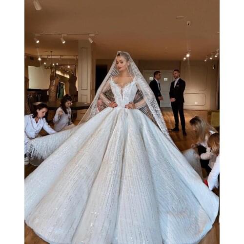 New Luxury Beading Dubai Wedding Dress Long Sleeves Ball Gown Bride Dress Scoop Handmade Wedding Gowns Robe De Mariee Hot