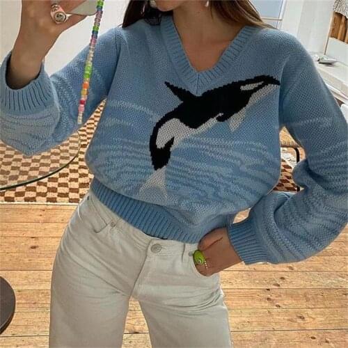 Autumn Winter Casual Style Sweater Cartoon Animal Dolphin Printed Long-Sleeved Loose Pullover Knitted Sweater Women Knitwear