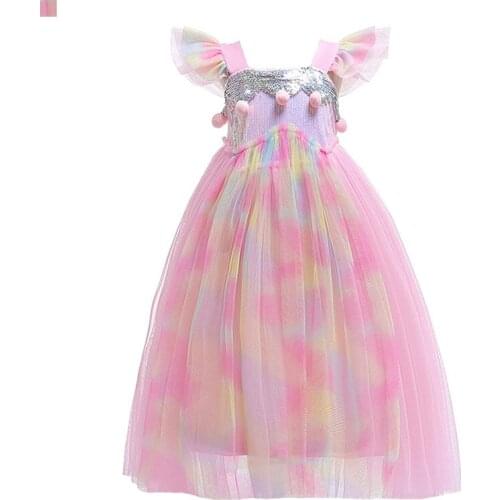2020 Girls Unicorn Dress Flying Sleeve Sequin Ball Color Mesh Skirt Cosplay Holiday Costume