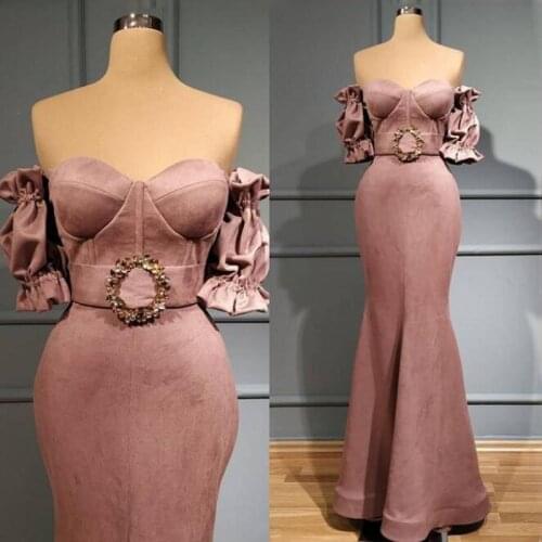 Dusty Pink Off The Shoulder Mermaid Prom Dresses Bodice Sweetheart Beaded Waist Half Sleeves Evening Gowns Arabic Robe 2021