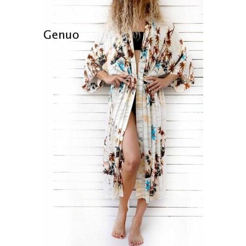 Side Slit Beach Cover Up Boho Geometric Sexy Hot Robe Swimwear Output Long Blouse Shirt Drawstring Waist Cover-Ups