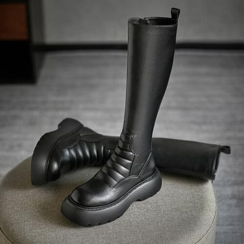 SKLFGXZY 2021 Platform Genuine Leather Knee-High Boots Round Toe Winter Women Shoes Chelsea Boots