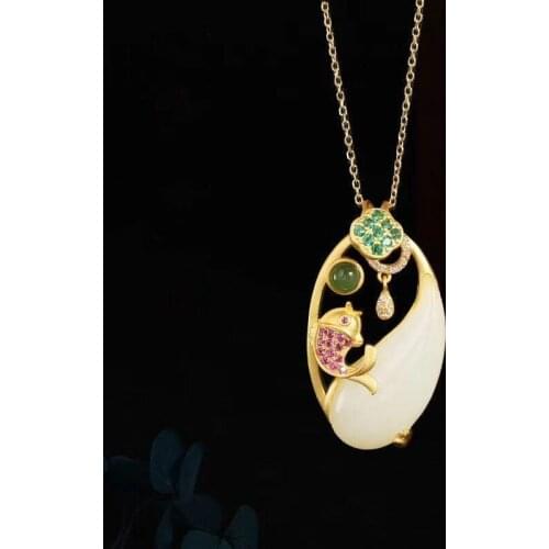 Silver natural Hetian white jade koi pendant necklace Chinese style retro niche design light luxury charm women brand jewelry