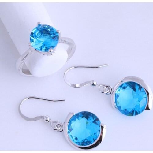 Lrregular Style Round Blue Sky Crystal Cubic Zirconia Silver Color Ring & Drop Earring Jewelry Sets JS008