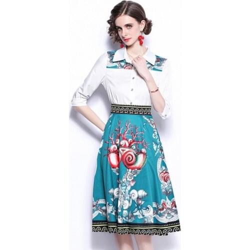 2021 Summer Fashion Suits Womens Elegant Printed half sleeve Shirt tops + Printed Skirts 2 Pieces Sets