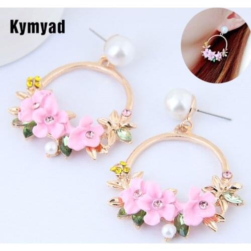 Kymyad Gold Color Stud Earrings For Women Imitation Pearl Earrings Flower Earings Fashion Jewelry 2021 New Brincos Long Earrings