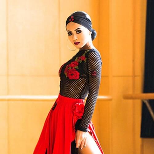 2021 New UA27 Long Sleeve Latin Dance Dress Women Tops Big Flower Hollow Het Tee for Ballroom Tango Chacha Dancing Performamnce