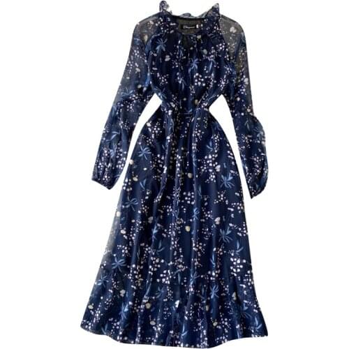 2021 Autumn Women Print Dress Elegant Ruffles Hem Lace Up O Neck Blue Ladies Dresses Elegant Vestidos De Mujer
