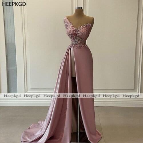 Exquisite Dusty Rose One Shoulder Evening Dress Beads Illusion High Slit Sexy 2021 Long Evening Party Gowns For Women