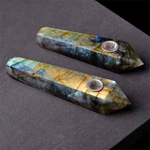 1pcs Natural Labradorite Smoking Pipe W/ Carb Hole Quartz Crystal Point Wand Healing