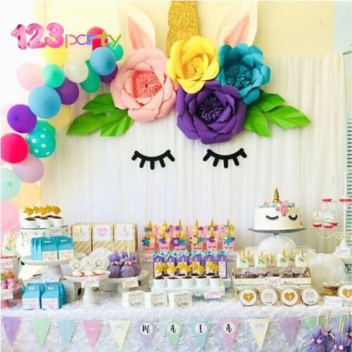 123 Party Unicorn Birthday Decoration Unicorn Party 20cm Artificial Rose Flowers Banner Cake Topper Baby Shower Party Cake Decor