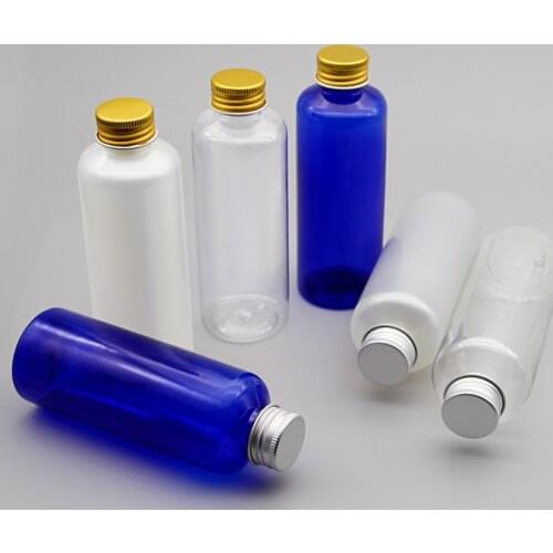 150ml x 36 empty transparent blue plastic cosmetic bottle with silver/gold aluminum screw cap 150cc liquid medicine container