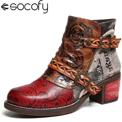 SOCOFY Embossed Boots Rose Genuine Leather Splicing Low Heel Ankle Boots Elegant Ladies Shoes Women Shoes Botas Mujer 2020