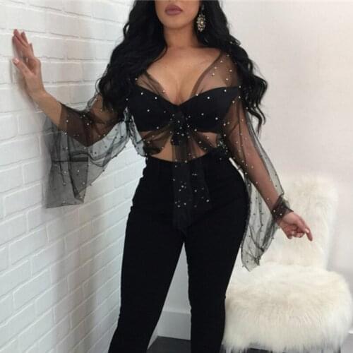 Black White Long Sleeve Sheer Blouse for Women Fashion Mesh Pearl Beading See-through Shirts Sexy Party Bow Tie Tops and Blouses