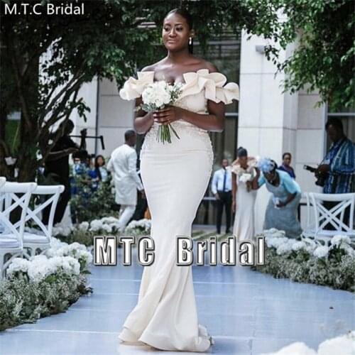 Elegant White Mermaid Bridesmaid Dresses For Black Women Off The Shoulder Satin Wedding Party Dress