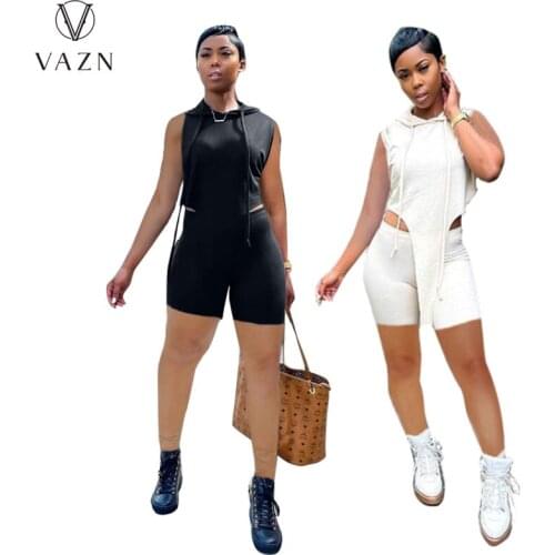 VAZN 2021 Hot Asymmetrical Sexy High Street Young Hooded Tank Sleev Short Pants Slim Women 2 Piece Set Gym Women Active Wear