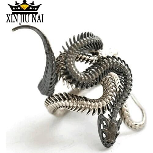 Retro Exaggerated Snake Ring Mens Fashion Steampunk Snake Open Adjustable Ring Unisex Black gold evil cool snake bone Jewellery