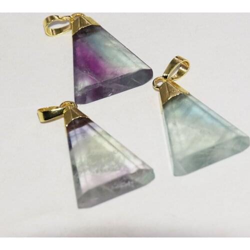 Natural Fluorite Triangle Pendant Jewelry making 2021 Women Green Purple Big Slice Gold Plating Stone Female Necklace Rainbow