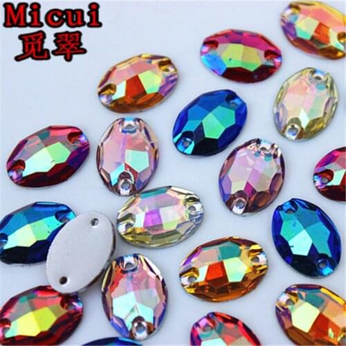 Micui 100pcs New 11*16mm AB Color Sew on Resin Stones Flatback Sewing Oval Beads for Garment Bags Hats DIY Decoration ZZ416