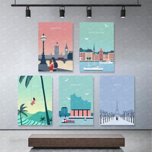 HD Print Modular Pink City Build Cartoon Picture Canvas Paintings Nature Poster For Living Room Home Decor Wall Art Framework