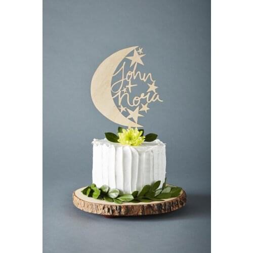 Moon and Stars Wedding Cake Topper - Wooden Cake Topper Custom Wedding -Wooden Cake Topper Hand Lettered