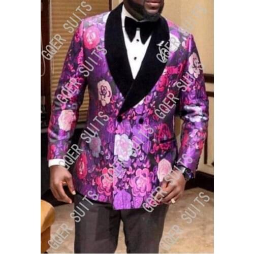 Double Breasted Men Suits Purple Pattern and Black Groom Tuxedos Shawl Velvet Lapel Groomsmen ( Jacket+Pantst+Bow Tie ) D391