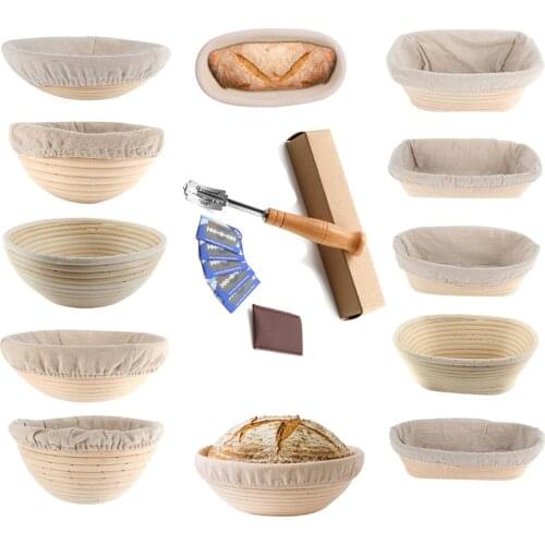Set Handmade Bread Basket Bread Cutter Rattan Bread Banneton Set Bread Proofing Baskets Round/Oval Sourdough Basket Bakery Cafe
