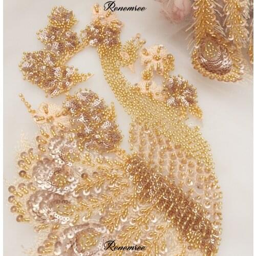 1Pc New Heavy Gold Beaded Patch Embroidery Peacock Flower Sew on High-end Wedding Dress Flower Childrens Clothing Accessories