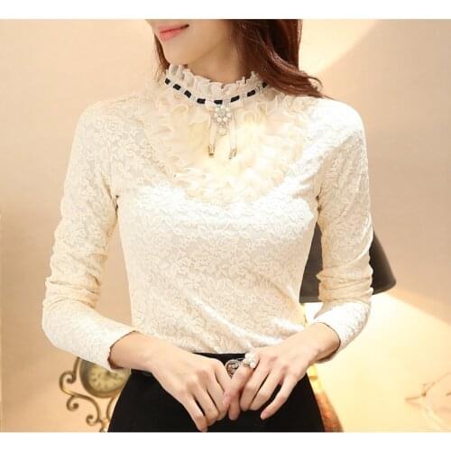 Women New Long sleeved Plus Cashmere Thick Lace Bottoming Shirt Korean Womens Tops Lace Pullover Blouse