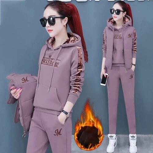 New Women Suit Tracksuit Winter 3 Piece Set Hoodies+Vest+Pants Casual Suit Plus Velvet Warm Sporting Womens Suits Female Clothe