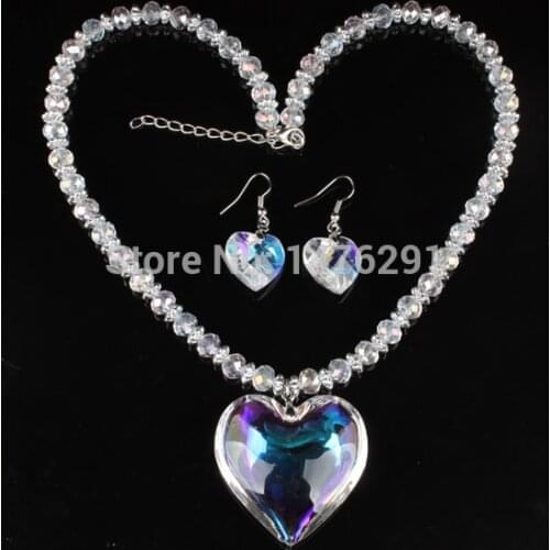 Charm White Crystal Glass Heart Beads Pendant Necklace Earring 1 SET