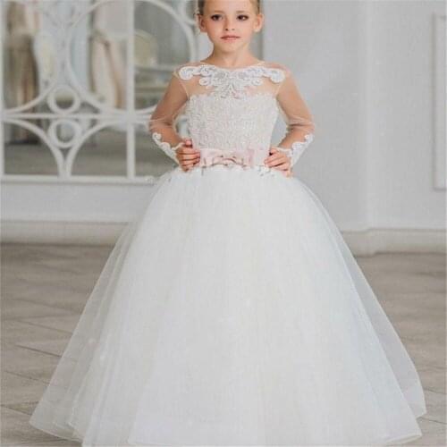 Custom Made Flower Girl Dresses for Fluffy Tulle Sequined Applique Long sleeve Lace Bow Vintage Child First Holy Communion Dress