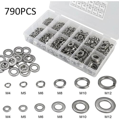 790pcs Stainless Steel Flat Washer M4 M5 M6 M8 M10 M12 Spring Washers Gaskets Flat Washers Locking Ring Assortment Kit