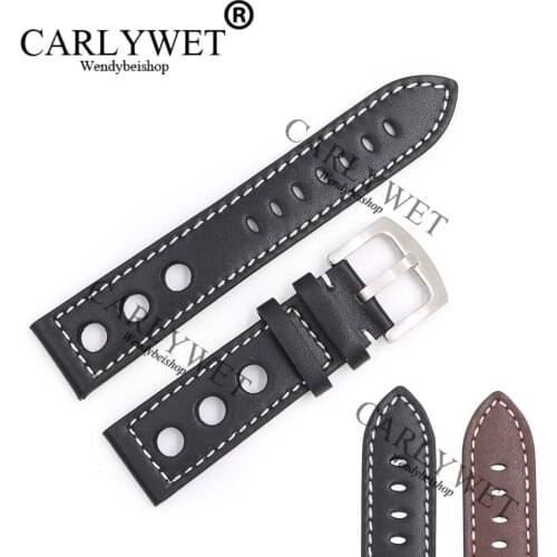 CARLYWET 22mm Real Calf Leather Handmade Black brown with White Stitches Wrist Watch Band Strap