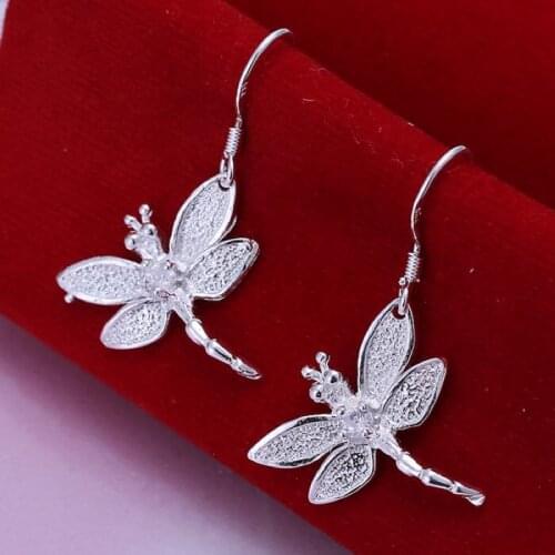 Silver color creative lady women stone cute fashion Inlaid stone dragonfly earrings Dragonfly shape silver earrings E009