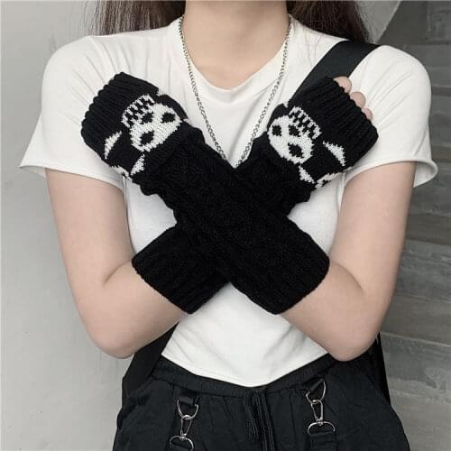 Unisex Stretch Dark Ninja Cool Elbow Length Winter Arm Warmer Hipster Black Long Mittens Women Gothic Knitted Skull Gloves 2021