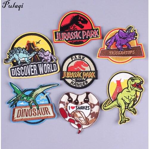Jurassic Park Iron On Embroidered Patches For Clothing Ironing Applications Patches Dinosaur Badge Stripes On Clothes DIY