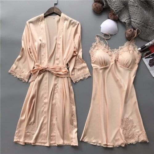 Spring Sexy Lace Womens Robe & Gown Sets Twinest Bathrobe + Mini Night Dress 2 Pieces Sleepwear Womens Sleep Set Faux Silk