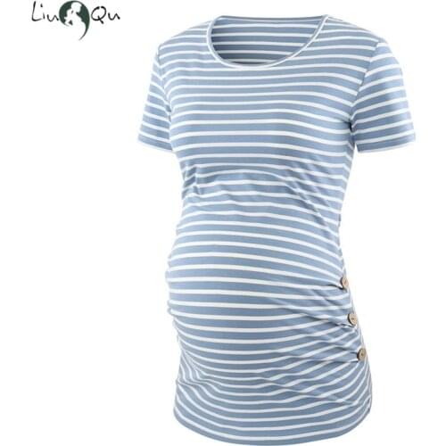 Womens Clothing Short Sleeve Round Neck Maternity T-Shirt Maternity Clothes Side Ruching Waist Button Pregnancy Tops