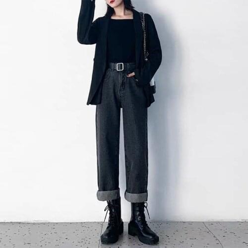 Woman Jeans Pants Loose Black Gray Autumn Winter High Waist Thin Straight Pants Pantalones Vaqueros Mujer